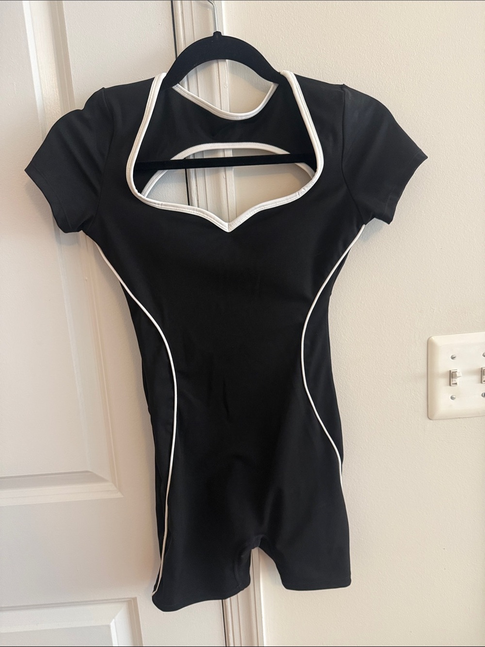 Black Athletic Short Sleeve Romper with White Piping